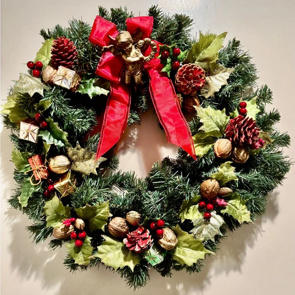 Hand Crafted Festive Green and Red Holiday Wreath